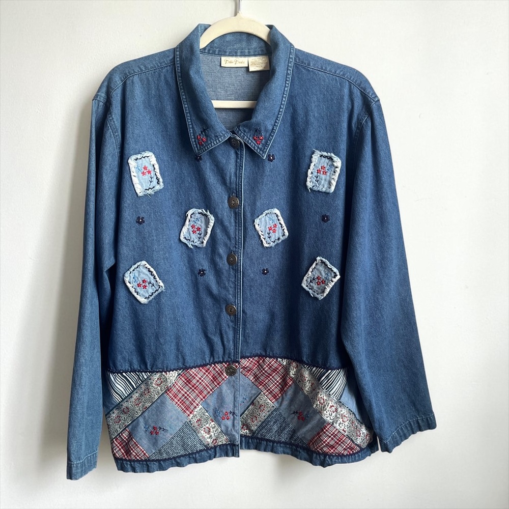 Vintage Denim Shirt Women's XL Blue Patchwork Quilted Embroidery Rustic Boho Top